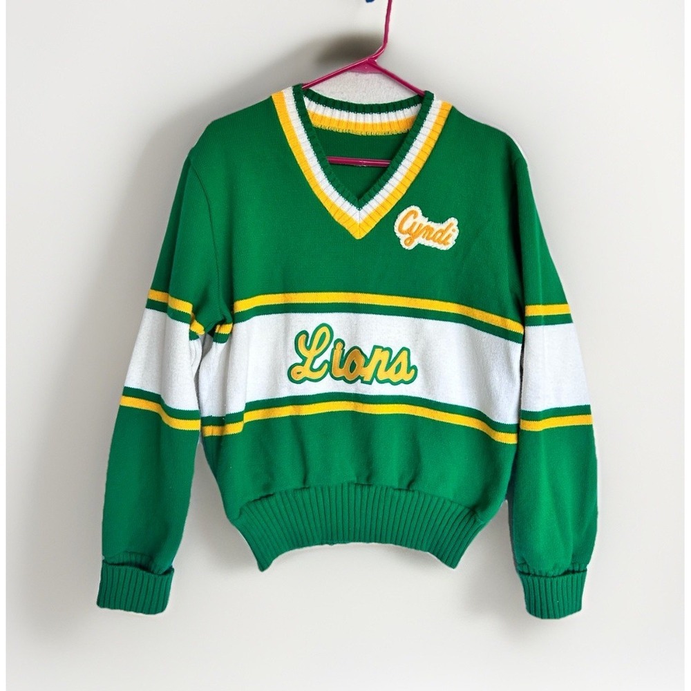 Vintage Varsity Cheerleader Sweater Yellow & Green Cosplay West Linn LIONS Cyndi